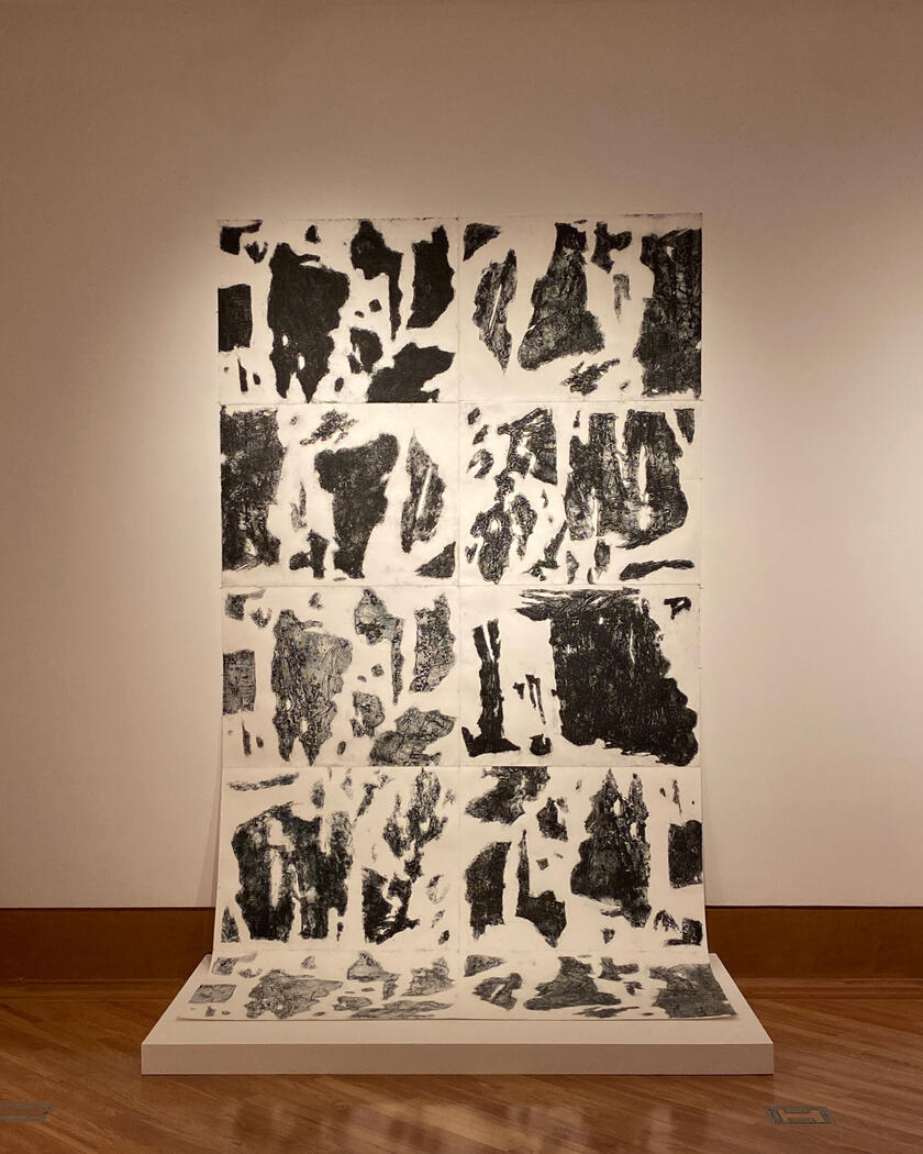 'Shorn and Discarded on the Cutting Room Floor' 2023, Collagraph on paper, 80 x 150 inches